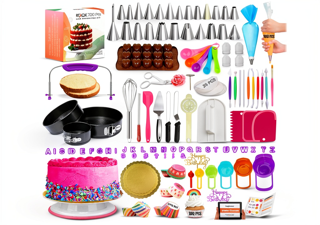 RFAQK 700PC cake decorating kit opened on a stainless‑steel countertop, showing sorted tools and a half‑finished layered cake