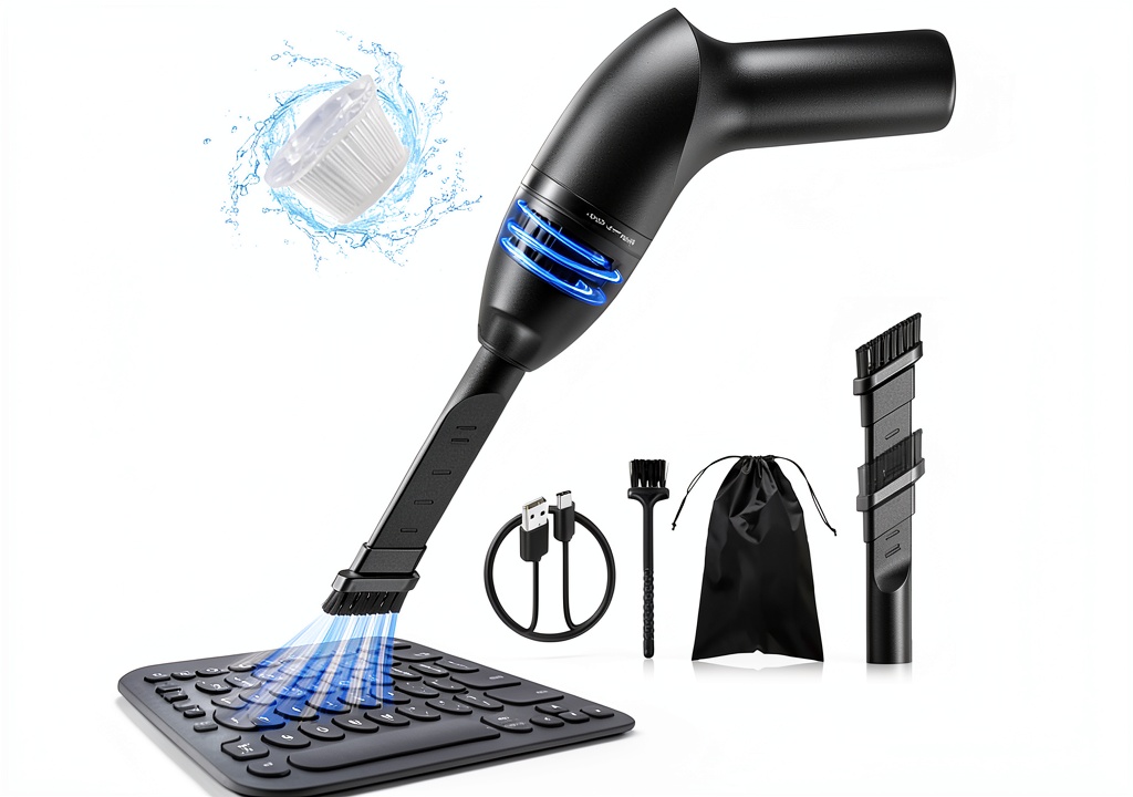Hayousui KVC05 being unboxed on a kitchen counter, showing the vacuum, charger, and 2‑in‑1 nozzle