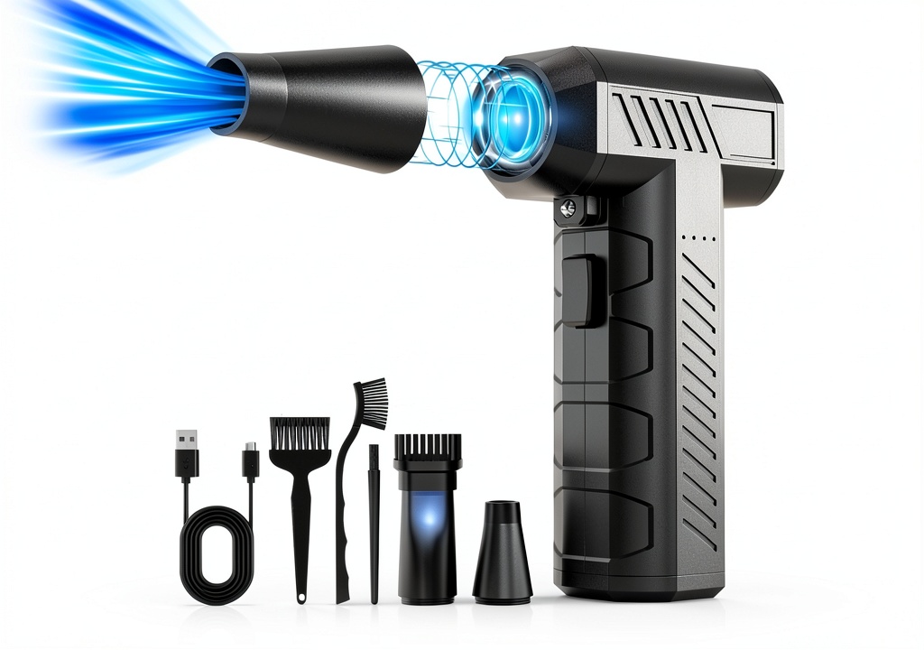 Installing CAGIWIRU W01 rechargeable compressed air duster on a wooden desk