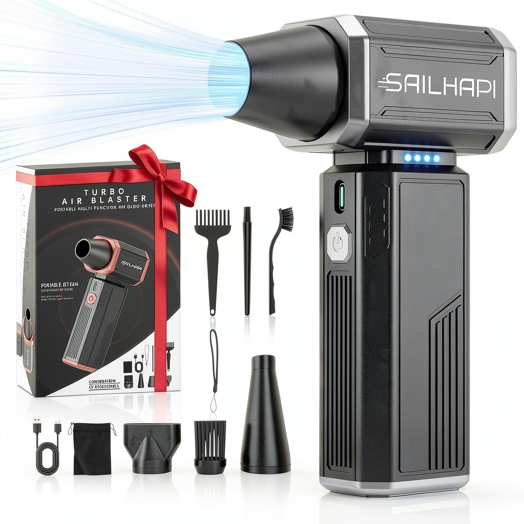 SAILHAPI cordless air duster being used on a laptop keyboard