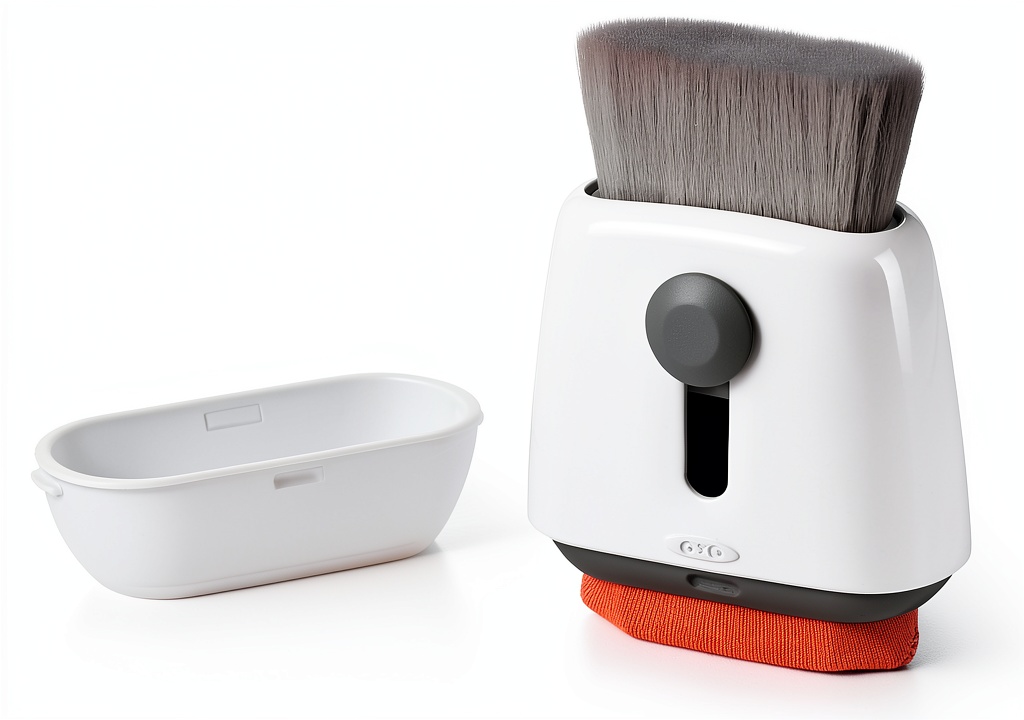 Installing OXO Laptop Cleaner Double‑Sided Tool with Microfiber Pad and Brush on a wooden desk
