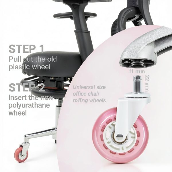 Pink Office Chair Caster Wheels Set of 5, 3 Inch Heavy-Duty Rubber Chair Casters Replacement, Computer Gaming Desk Caster Wheels Smooth Rolling for Hardwood Carpet Tile Floors, 11 * 22mm Universal fit-4