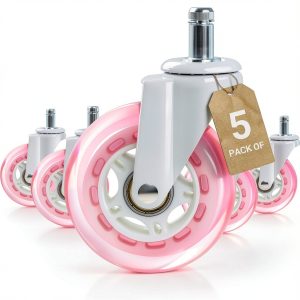 Pink Office Chair Caster Wheels Set of 5, 3 Inch Heavy-Duty Rubber Chair Casters Replacement, Computer Gaming Desk Caster Wheels Smooth Rolling for Hardwood Carpet Tile Floors, 11 * 22mm Universal fit-0